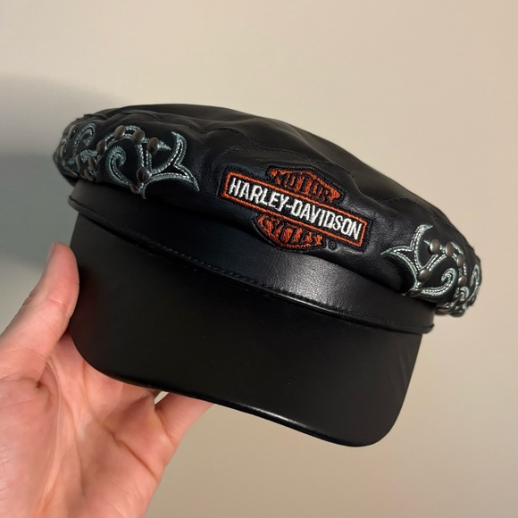 Y2K Harley Davidson Breton Cabbie Biker Hat Black Leather Women’s Size L main image 3